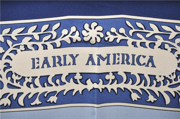 Authentic HERMES Carre 90 Scarf "EARLY AMERICA" Silk Blue 2635D