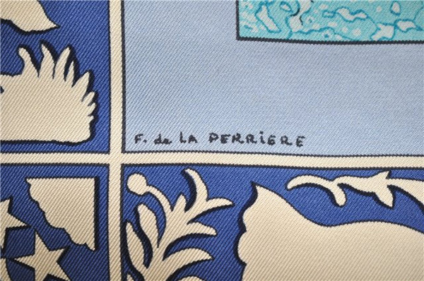 Authentic HERMES Carre 90 Scarf "EARLY AMERICA" Silk Blue 2635D