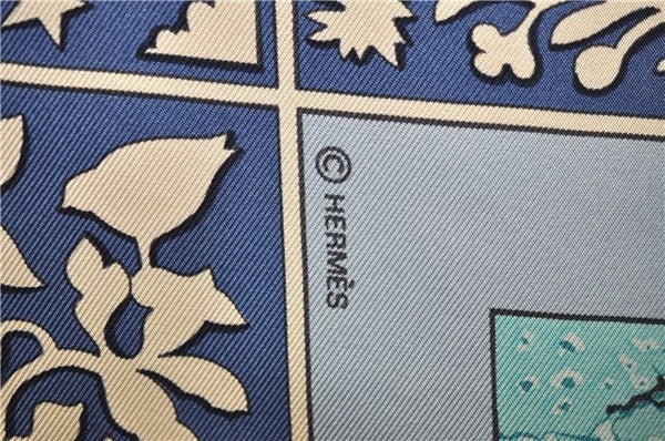 Authentic HERMES Carre 90 Scarf "EARLY AMERICA" Silk Blue 2635D