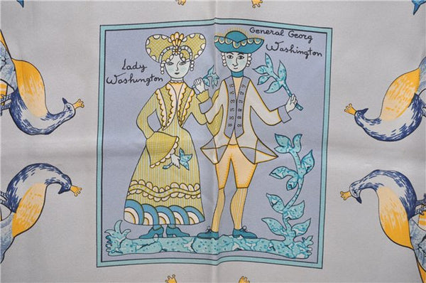 Authentic HERMES Carre 90 Scarf "EARLY AMERICA" Silk Blue 2635D