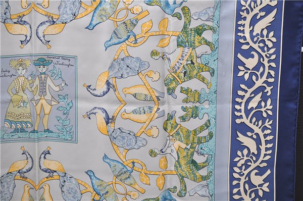 Authentic HERMES Carre 90 Scarf "EARLY AMERICA" Silk Blue 2635D
