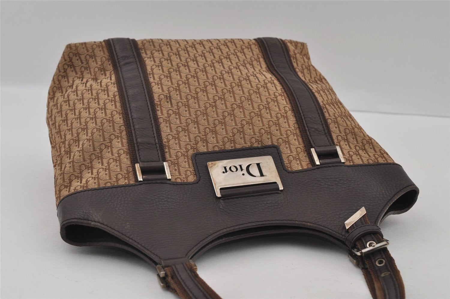 Authentic Christian Dior Trotter Street Chic Tote Bag Canvas Leather Brown 2635I