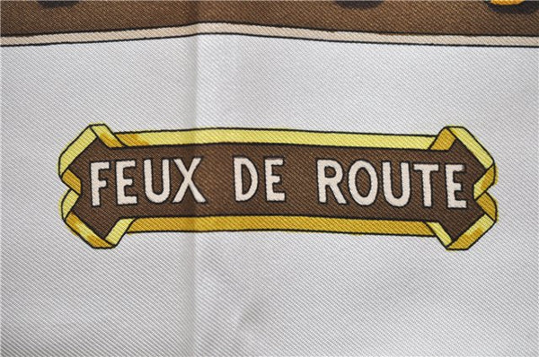Authentic HERMES Carre 90 Scarf "FEUX DE ROUTE" Silk Brown 2637D