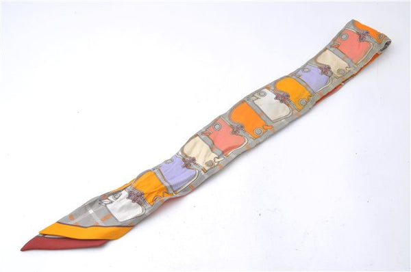 Authentic HERMES Twilly Scarf "Camails" Silk Orange Gray 2638D