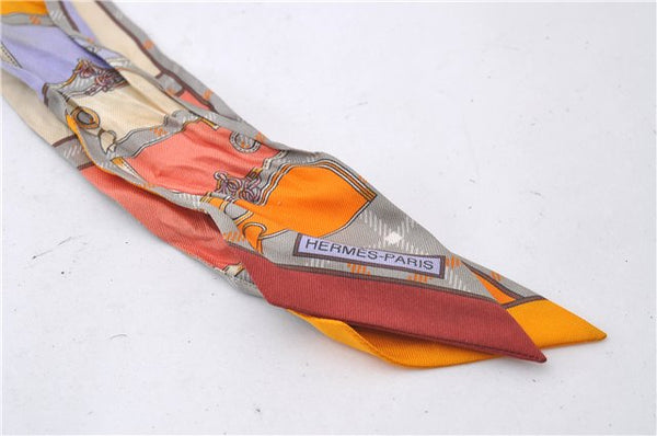 Authentic HERMES Twilly Scarf "Camails" Silk Orange Gray 2638D