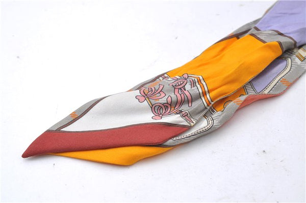 Authentic HERMES Twilly Scarf "Camails" Silk Orange Gray 2638D