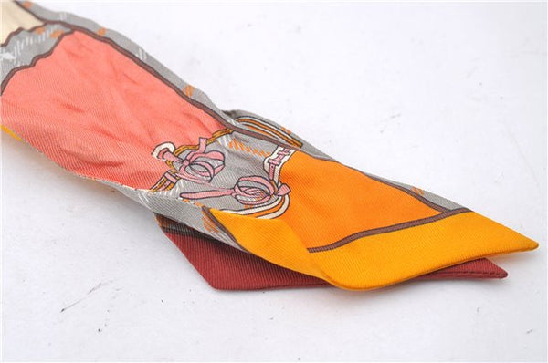 Authentic HERMES Twilly Scarf "Camails" Silk Orange Gray 2638D