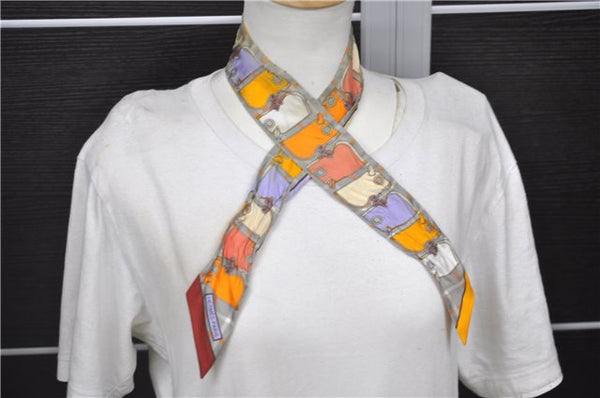 Authentic HERMES Twilly Scarf "Camails" Silk Orange Gray 2638D
