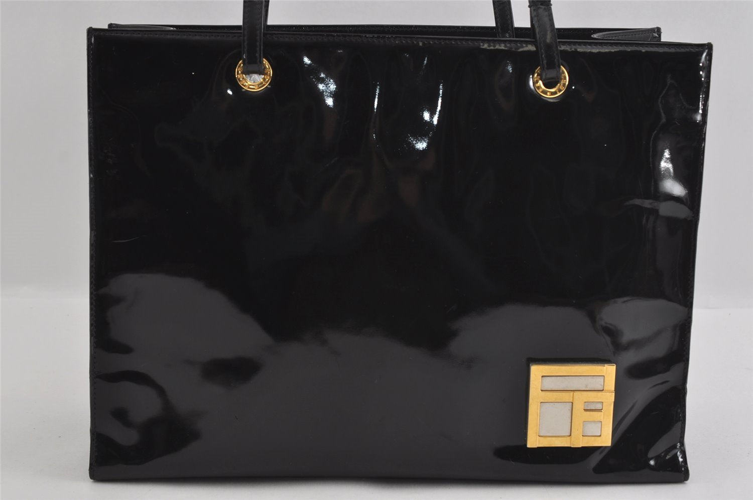 Authentic FENDI Vintage Shoulder Tote Bag Enamel Black 2640I