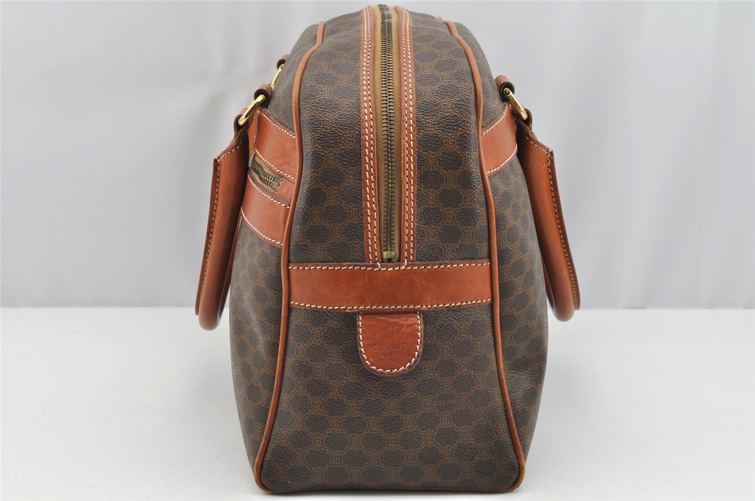 Authentic CELINE Macadam Blason Pattern Hand Boston Bag PVC Leather Brown 2641I