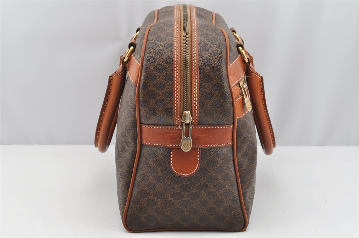 Authentic CELINE Macadam Blason Pattern Hand Boston Bag PVC Leather Brown 2641I