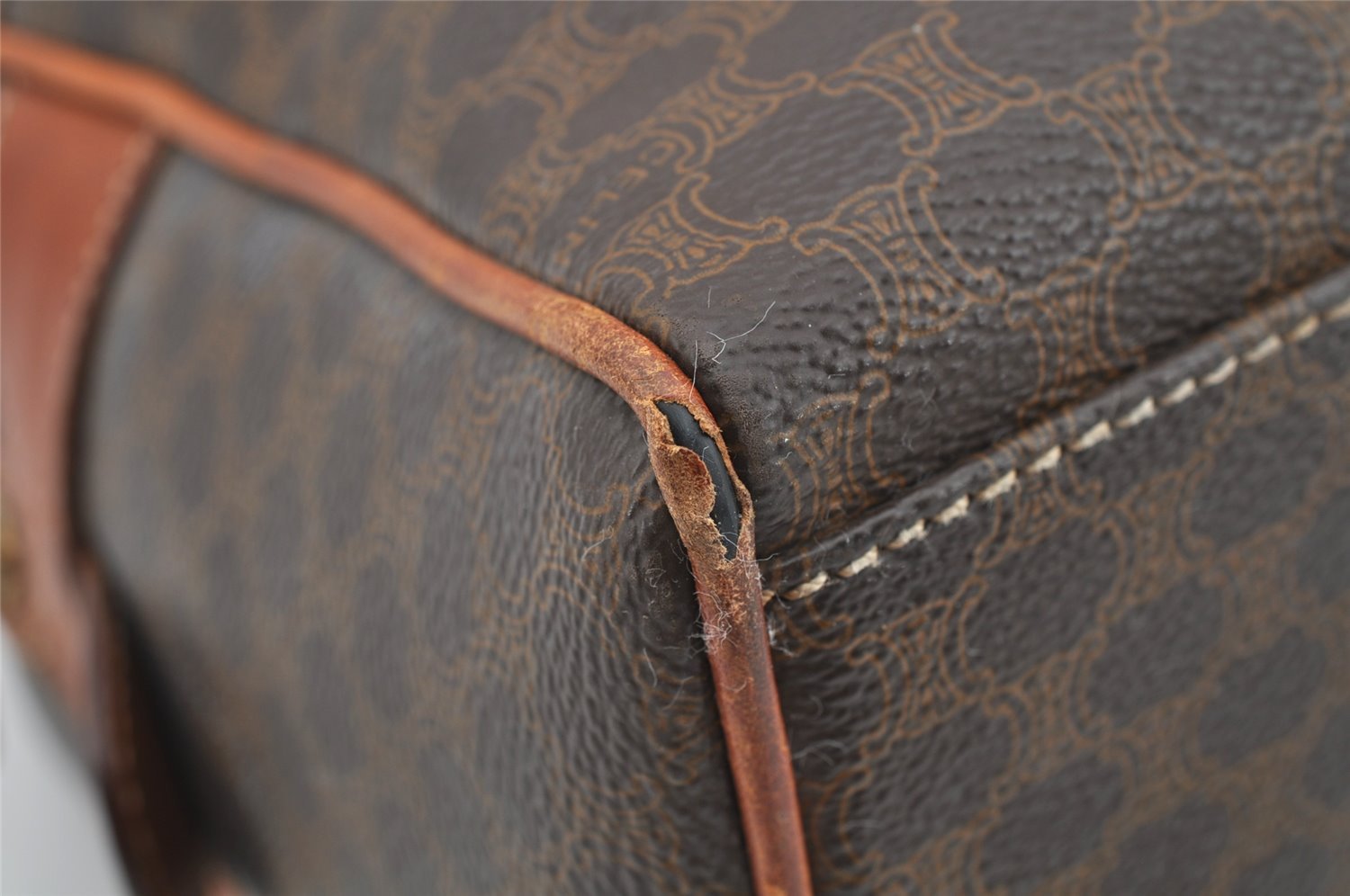 Authentic CELINE Macadam Blason Pattern Hand Boston Bag PVC Leather Brown 2641I