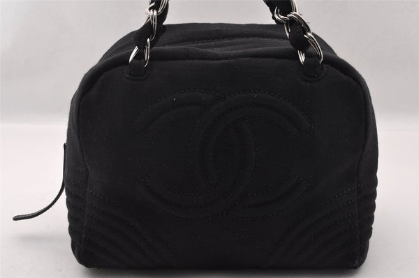 Authentic CHANEL Cotton Leather CoCo Mark Chain Hand Bag Purse Black 2644I