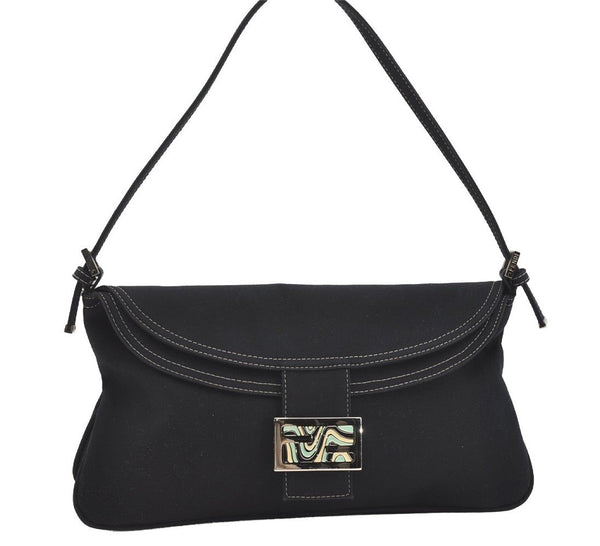 Authentic FENDI Mamma Baguette Shoulder Hand Bag Canvas Leather Navy Blue 2652I