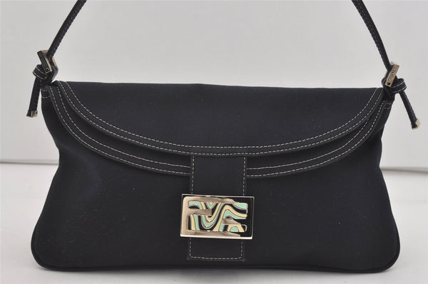 Authentic FENDI Mamma Baguette Shoulder Hand Bag Canvas Leather Navy Blue 2652I