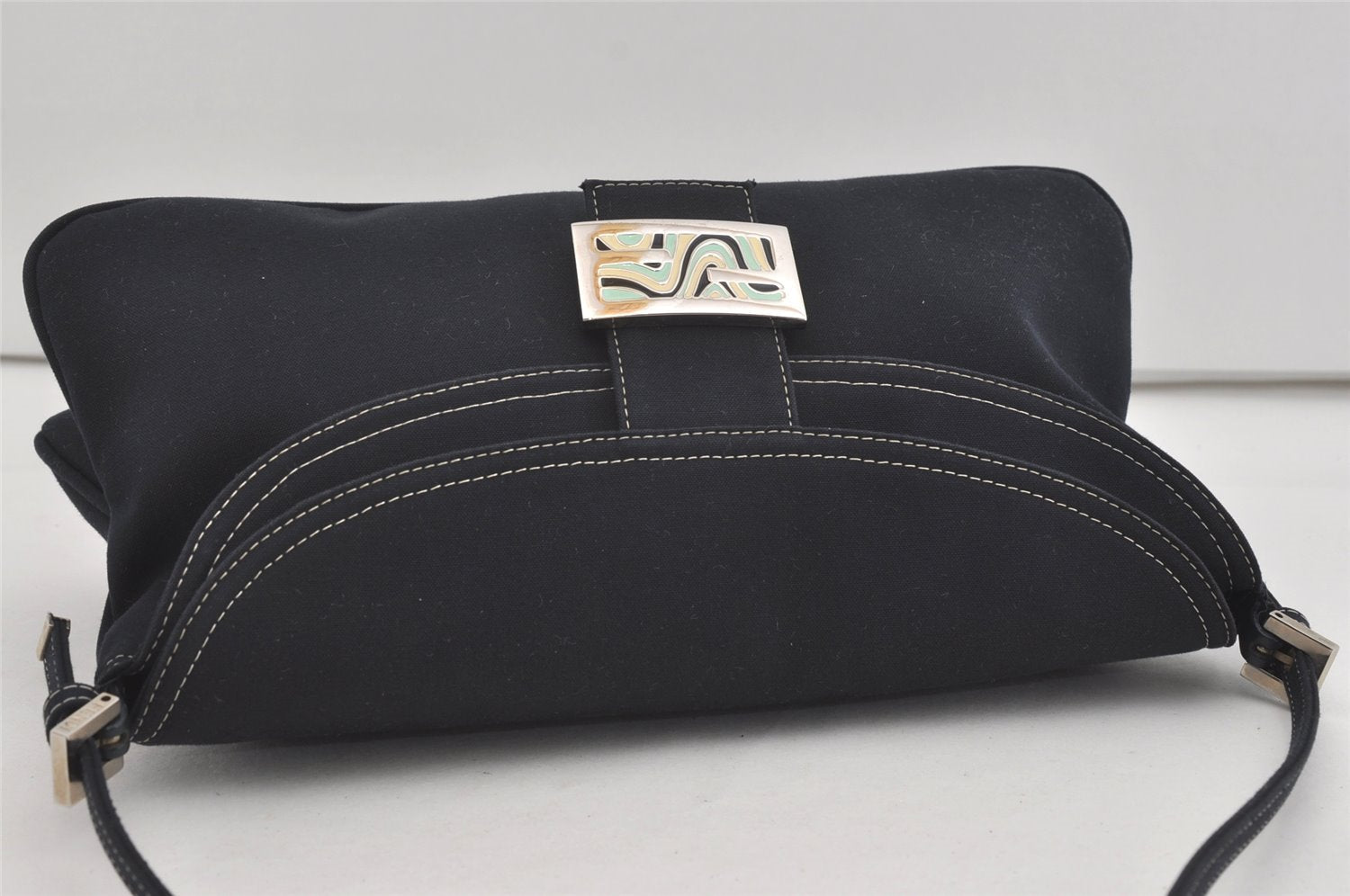 Authentic FENDI Mamma Baguette Shoulder Hand Bag Canvas Leather Navy Blue 2652I