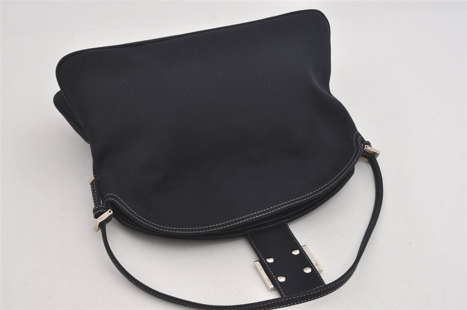 Authentic FENDI Mamma Baguette Shoulder Hand Bag Canvas Leather Navy Blue 2652I