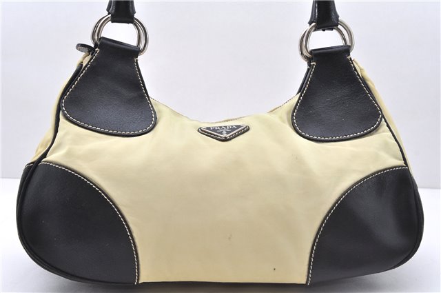 Authentic PRADA Nylon Tessuto Leather Shoulder Hand Bag Ivory Black 2654E