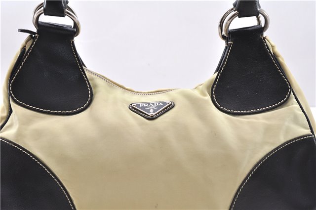 Authentic PRADA Nylon Tessuto Leather Shoulder Hand Bag Ivory Black 2654E