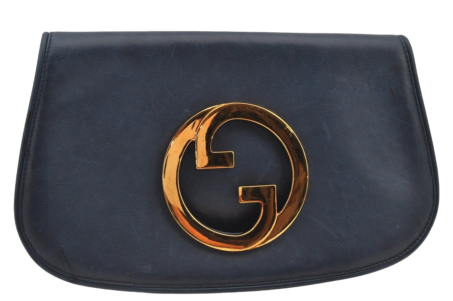 Authentic GUCCI Blondie Vintage Clutch Hand Bag Purse Leather Navy Blue 2667I