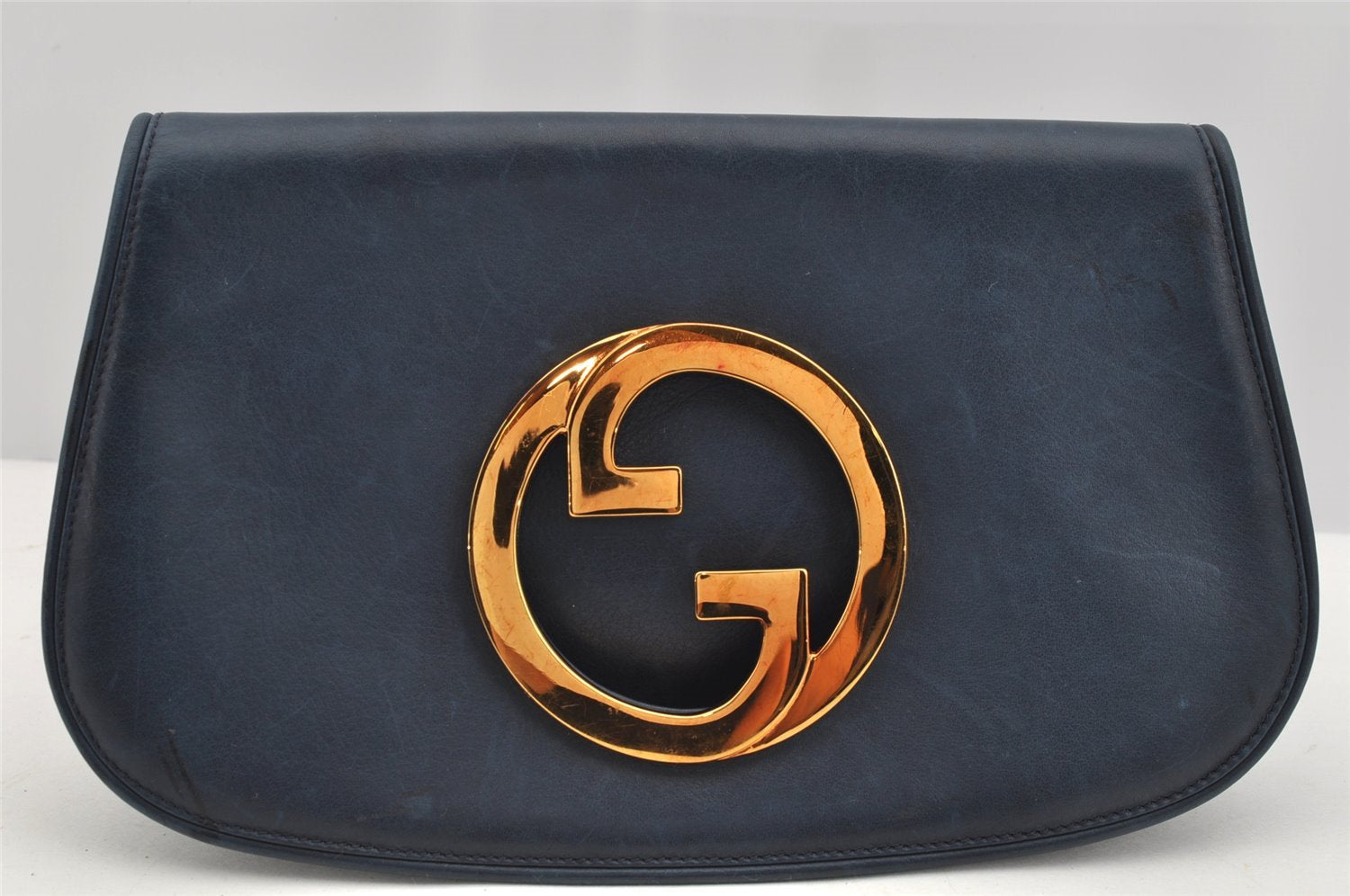 Authentic GUCCI Blondie Vintage Clutch Hand Bag Purse Leather Navy Blue 2667I