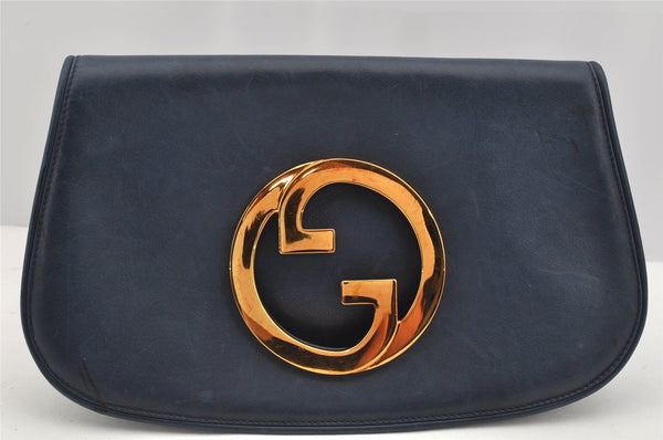 Authentic GUCCI Blondie Vintage Clutch Hand Bag Purse Leather Navy Blue 2667I