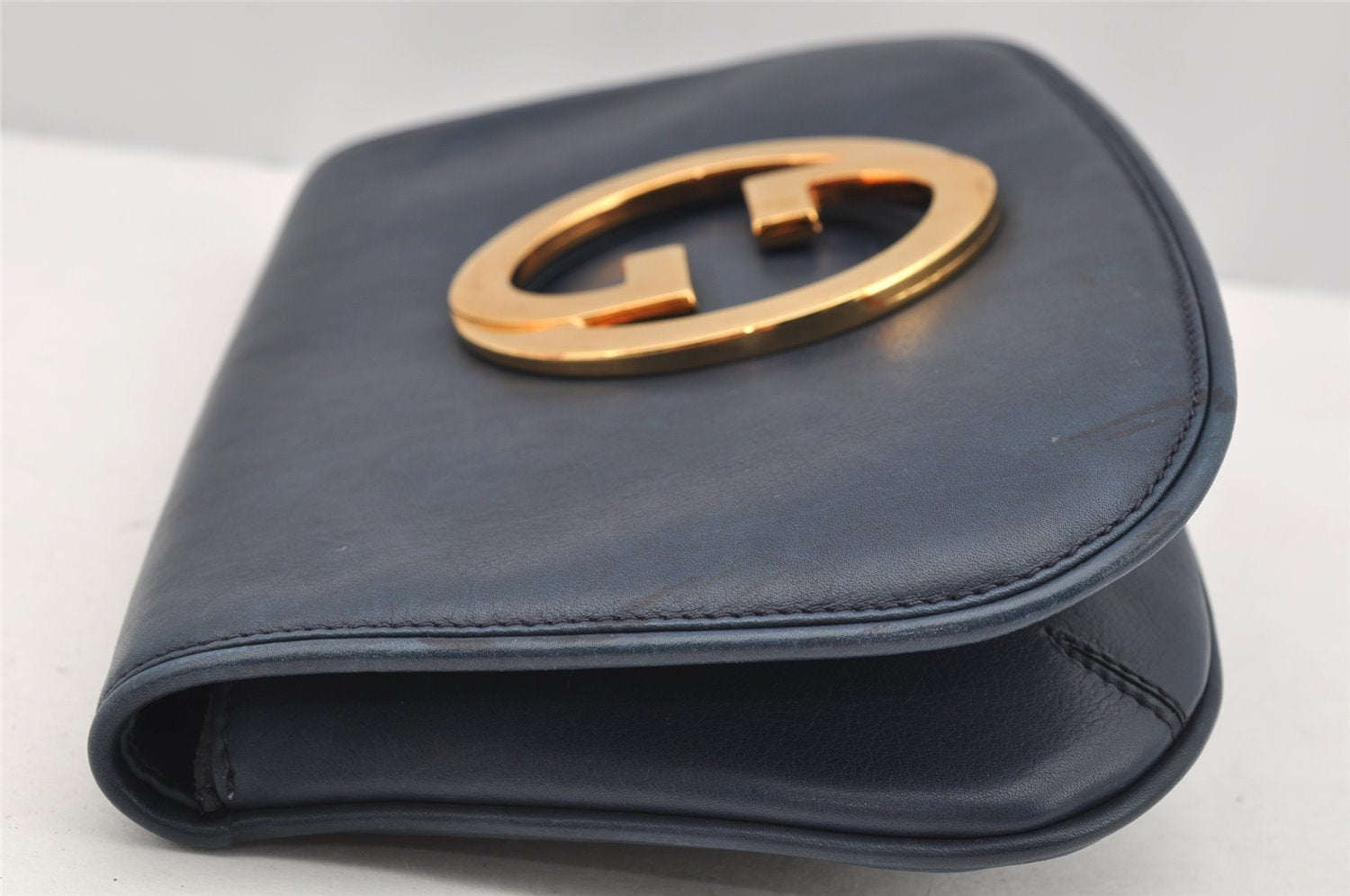 Authentic GUCCI Blondie Vintage Clutch Hand Bag Purse Leather Navy Blue 2667I