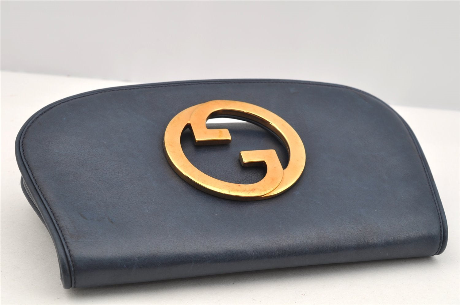 Authentic GUCCI Blondie Vintage Clutch Hand Bag Purse Leather Navy Blue 2667I