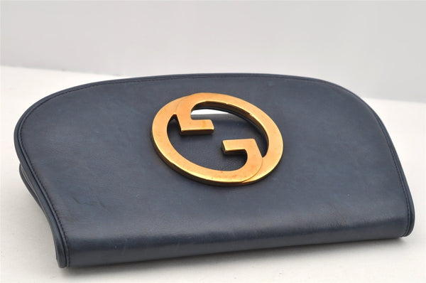 Authentic GUCCI Blondie Vintage Clutch Hand Bag Purse Leather Navy Blue 2667I
