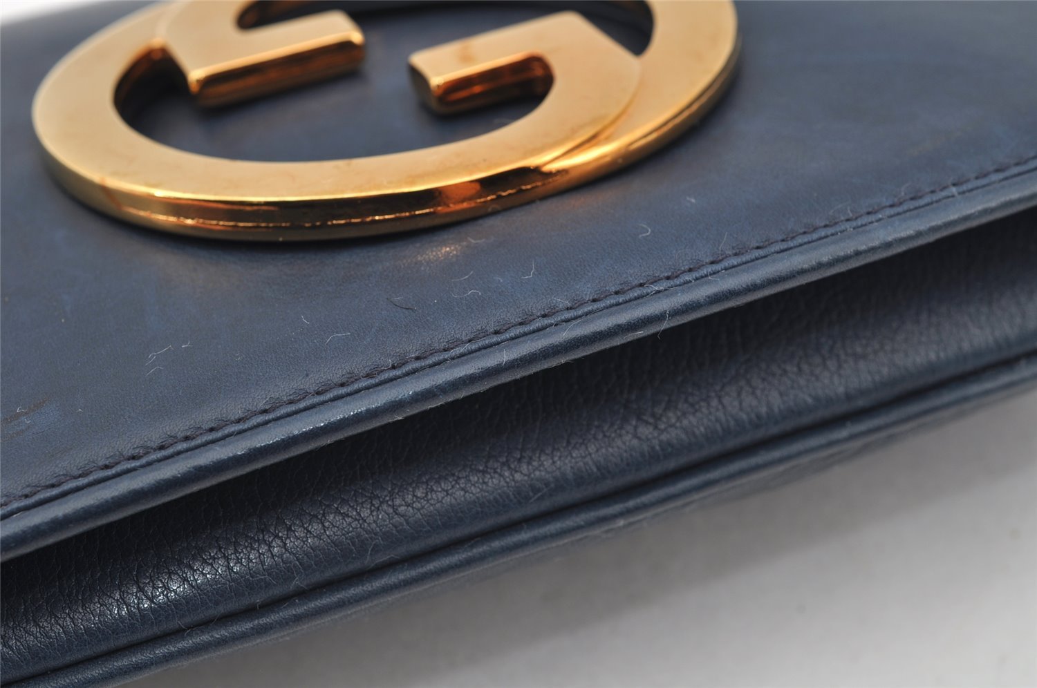 Authentic GUCCI Blondie Vintage Clutch Hand Bag Purse Leather Navy Blue 2667I