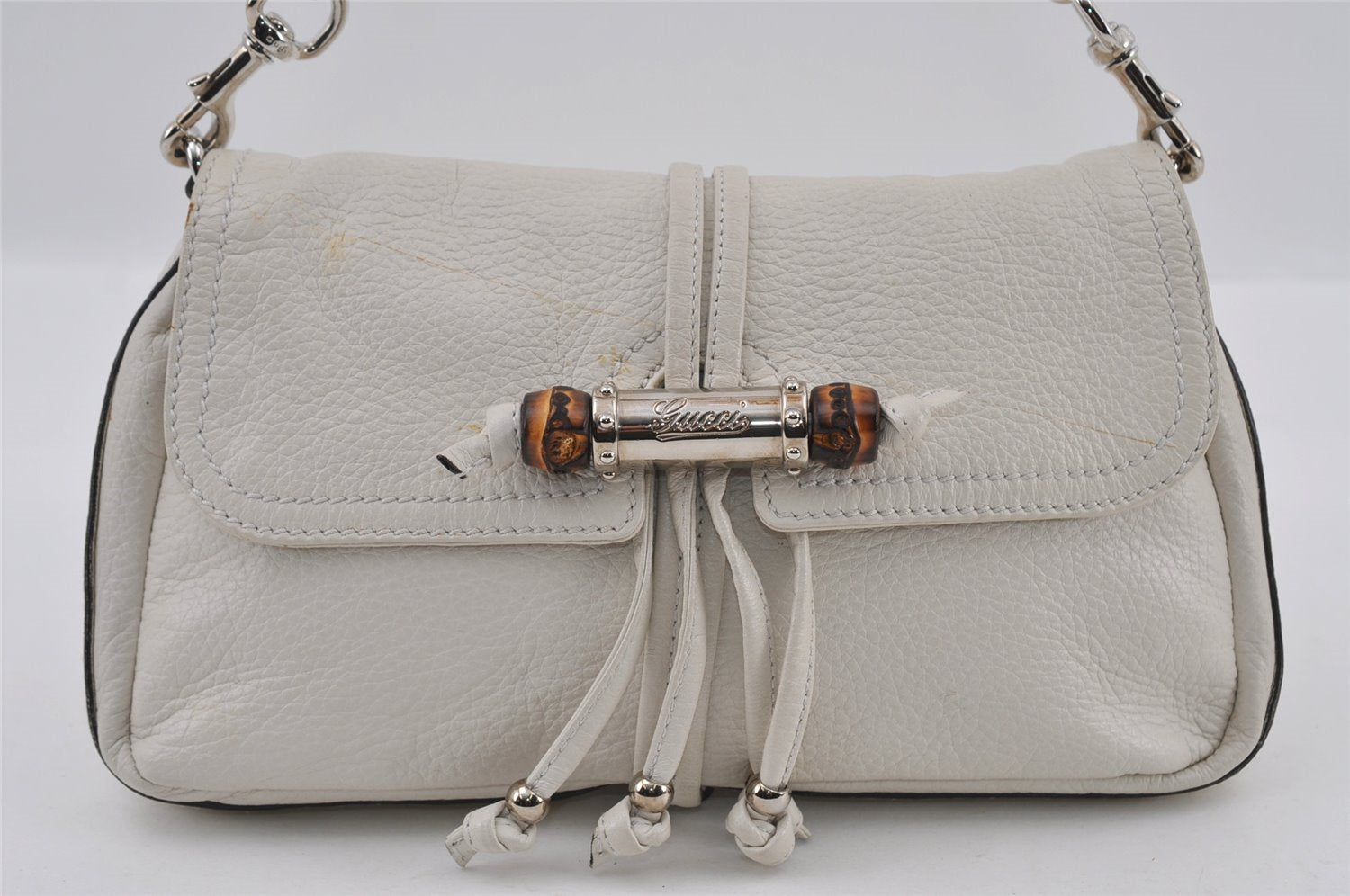 Authentic GUCCI Bamboo Chain Shoulder Hand Bag Purse Leather 235320 White 2680I