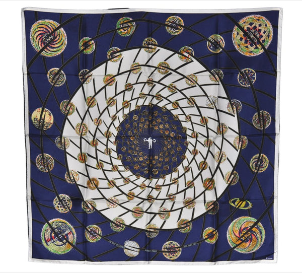 Authentic HERMES Carre 90 Scarf "LES FEUX DE LESPACE" Silk Blue 2687F