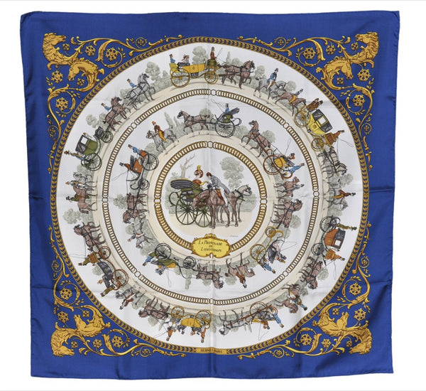 Authentic HERMES Carre 90 Scarf "LA PROMENADE DE LONGCHAMPS" Silk Blue Box 2689F