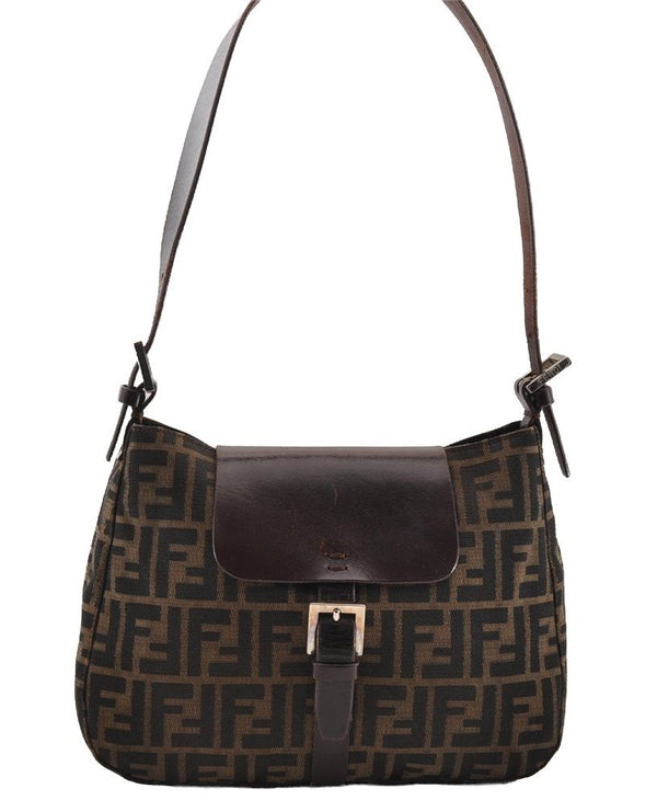 Authentic FENDI Zucca Vintage Shoulder Bag Purse Canvas Leather Brown 2709I
