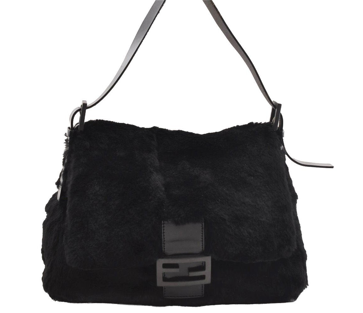 Authentic FENDI Mamma Baguette Shoulder Hand Bag Unborn Calf Leather Black 2710I