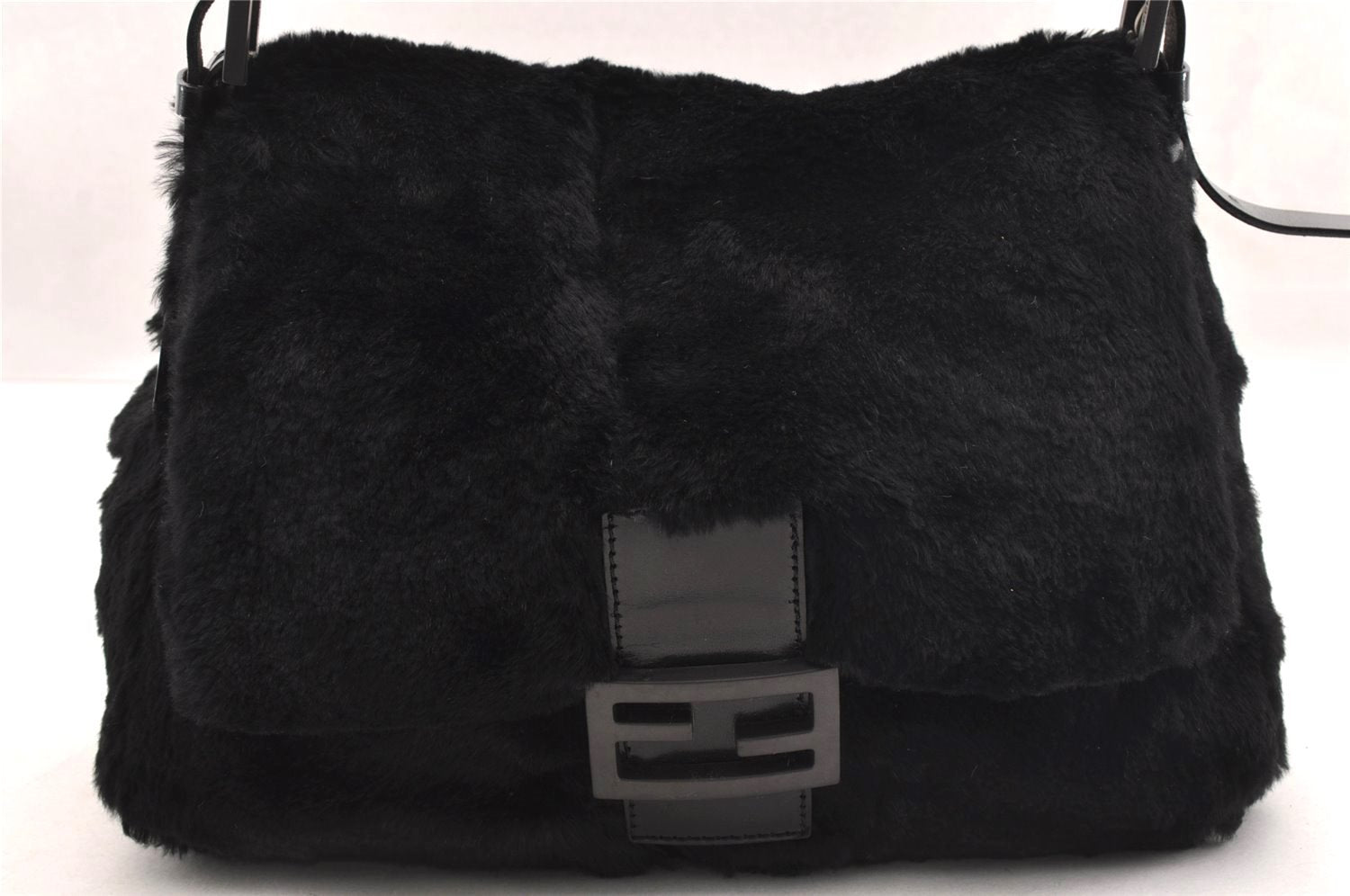 Authentic FENDI Mamma Baguette Shoulder Hand Bag Unborn Calf Leather Black 2710I