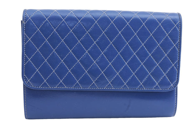 Authentic YVES SAINT LAURENT Clutch Hand Bag Purse Leather Blue 2718E