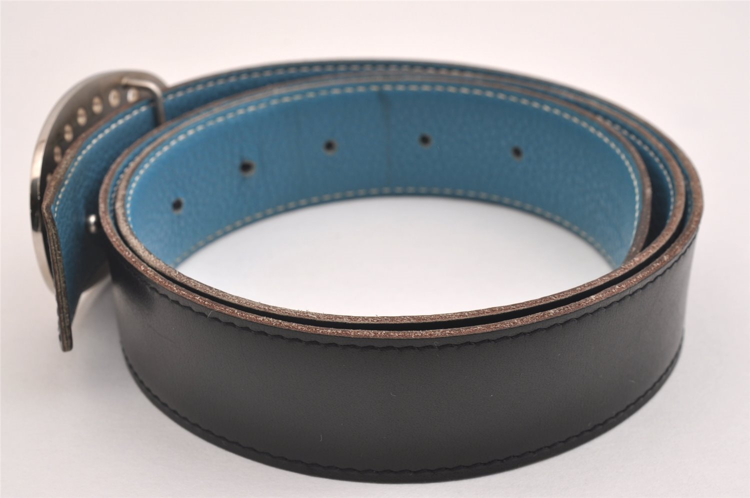 Authentic HERMES Mixte Mirage Leather Belt Size 85cm 33.5inches Black Blue 2719I