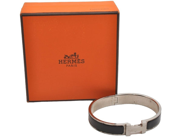 Authentic HERMES Vintage Clic H Bangle Bracelet Silver Black Box 2725I