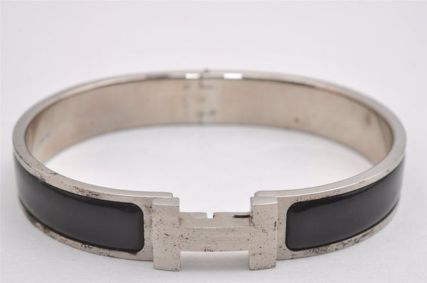 Authentic HERMES Vintage Clic H Bangle Bracelet Silver Black Box 2725I