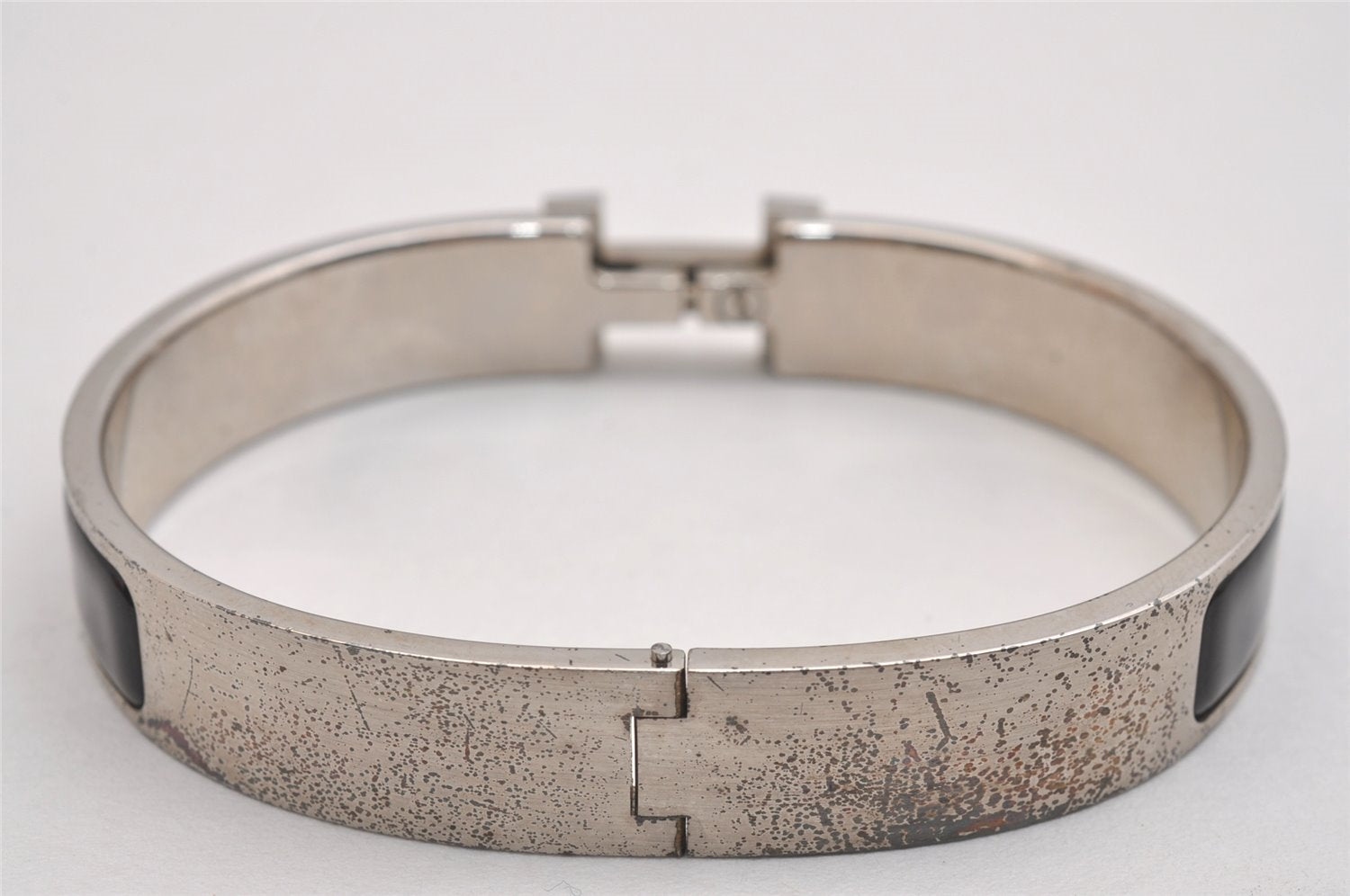 Authentic HERMES Vintage Clic H Bangle Bracelet Silver Black Box 2725I