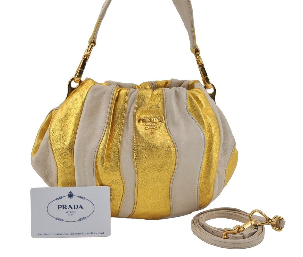 Authentic PRADA Pumpkin Leather Nappa 2Way Shoulder Hand Bag BN1678 Gold 2729I