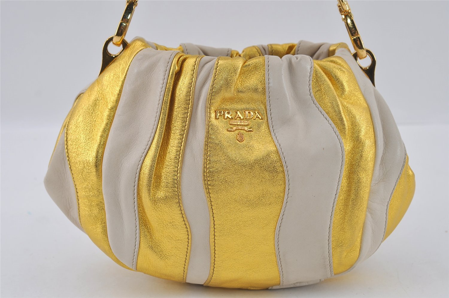 Authentic PRADA Pumpkin Leather Nappa 2Way Shoulder Hand Bag BN1678 Gold 2729I