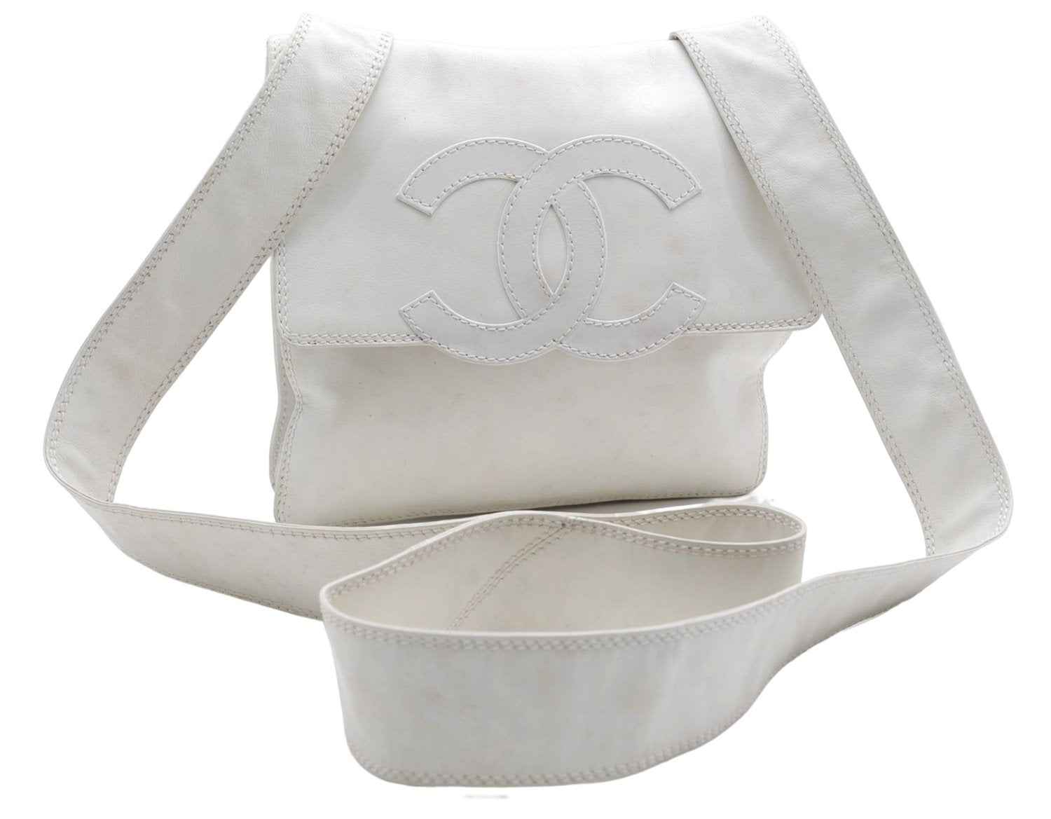 Authentic CHANEL Calf Skin CoCo Mark Shoulder Cross Body Bag Purse White 2735E