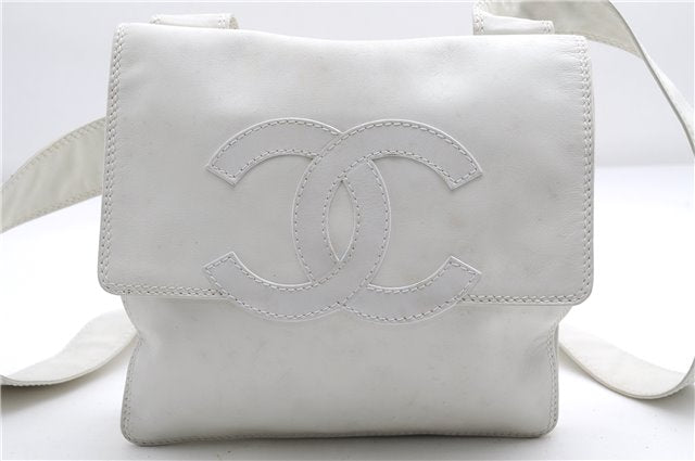 Authentic CHANEL Calf Skin CoCo Mark Shoulder Cross Body Bag Purse White 2735E