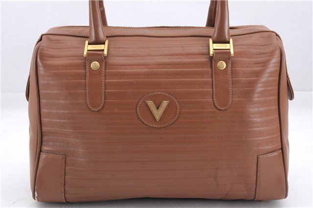 Authentic MARIO VALENTINO V Logo Hand Boston Bag Purse Leather Brown 2737E