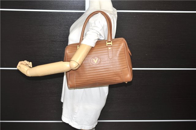 Authentic MARIO VALENTINO V Logo Hand Boston Bag Purse Leather Brown 2737E