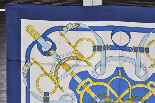 Authentic HERMES Carre 90 Scarf "Eperon d'Or" Silk Blue 2737F