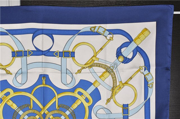 Authentic HERMES Carre 90 Scarf "Eperon d'Or" Silk Blue 2737F