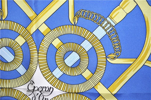 Authentic HERMES Carre 90 Scarf "Eperon d'Or" Silk Blue 2737F